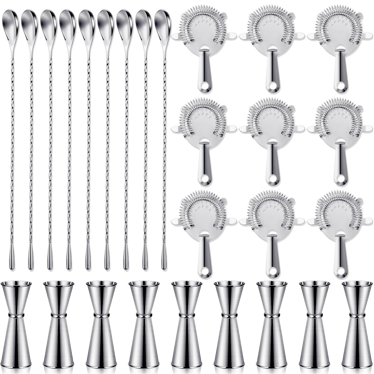 Funnymoom Cocktail Mixing Set of 9 Stainless Steel Bar Strainers Bartender Drink Mixing Set Cocktail Shaker Set Including Cocktail Jigger for Bartending 4-Prong Bar Strainers and Bar Spoon