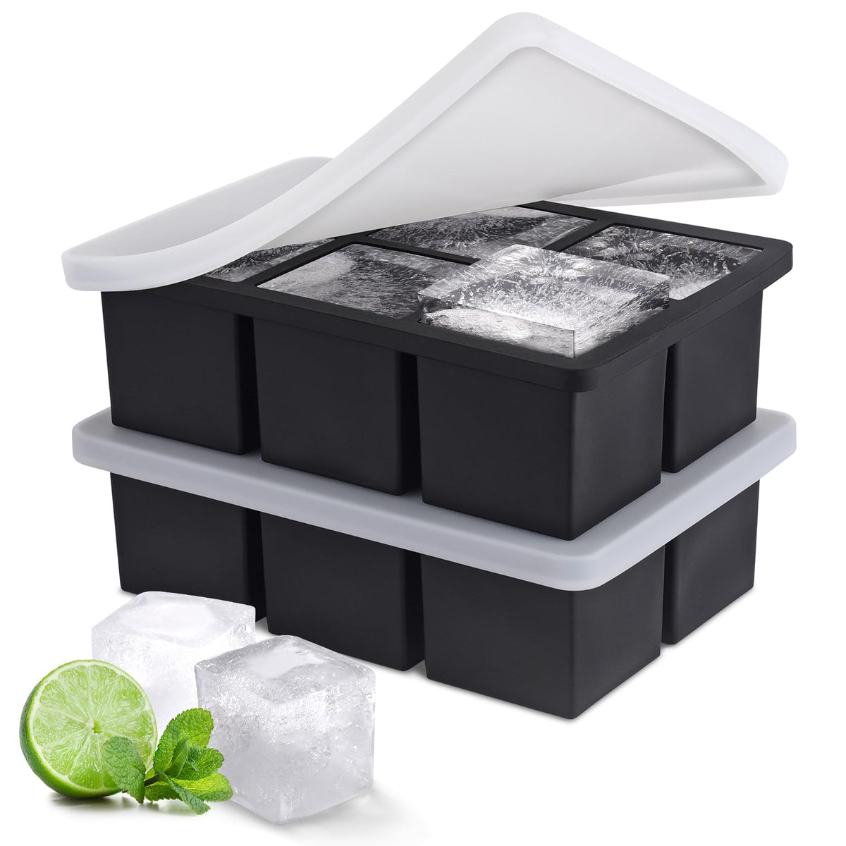 Large Silicone Ice Cube Tray with Lid - 6 Square Cubes for Cocktails & Whiskey