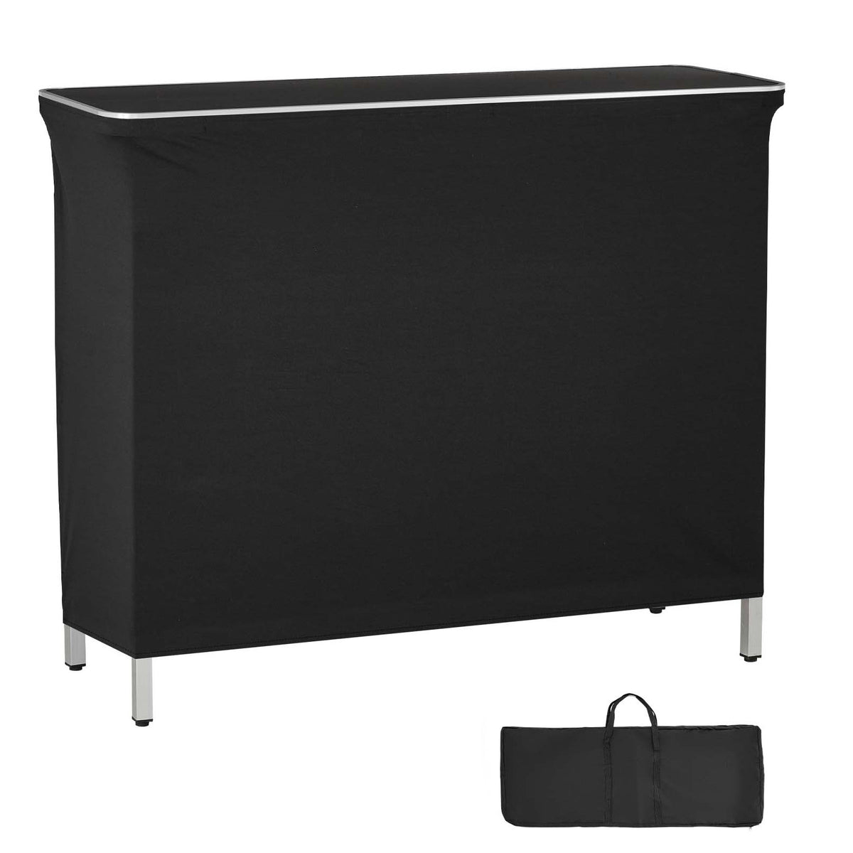 Folding portable bar table with black skirt and carry bag