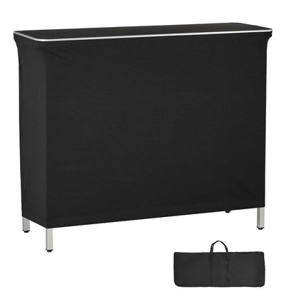 Folding portable bar table with black skirt and carry bag