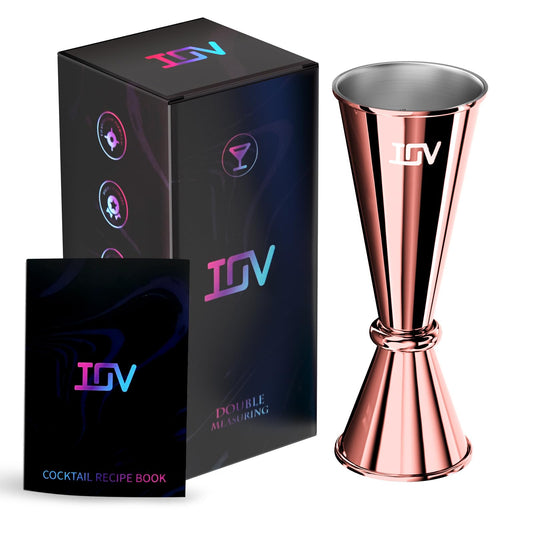 IOV Jigger for Bartending Professional Double Cocktail Jigger with Recipes Booklet Japanese Premium 18/8 stainless steel jigger 2 oz 1 oz with Dimensions Inside Measuring Cocktails Jigger-Rose Gold