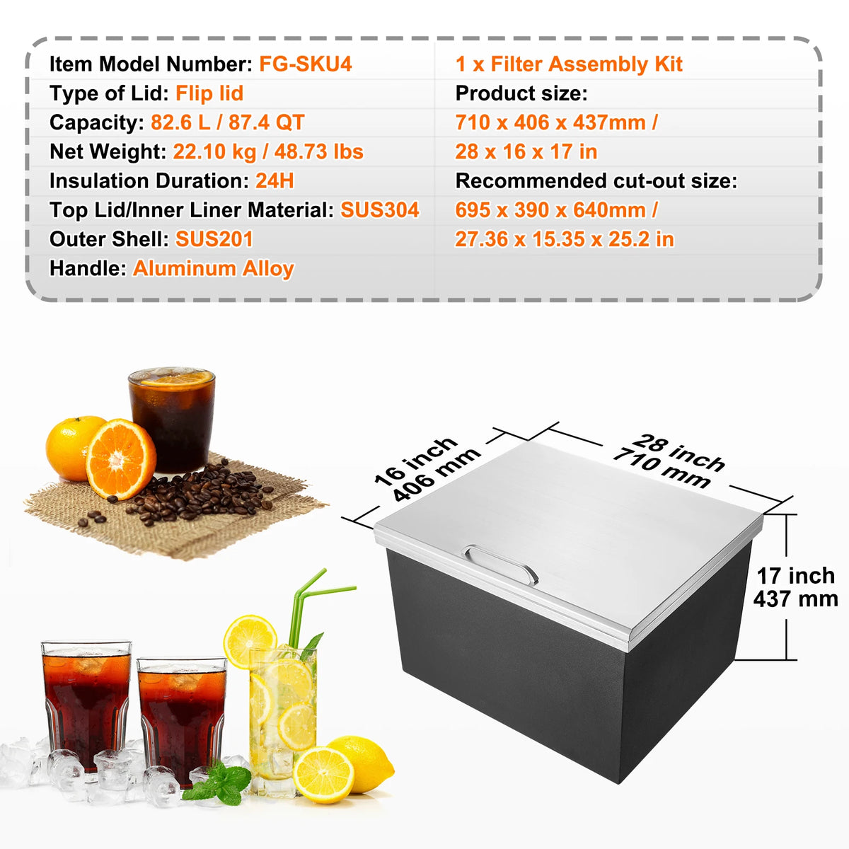 Stainless Steel Drop-In Ice Chest 30 QT | The Social Pour