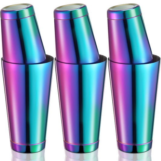 Three stainless steel cocktail shakers with an iridescent rainbow finish, stacked with matching lids, shown on a clean white background.