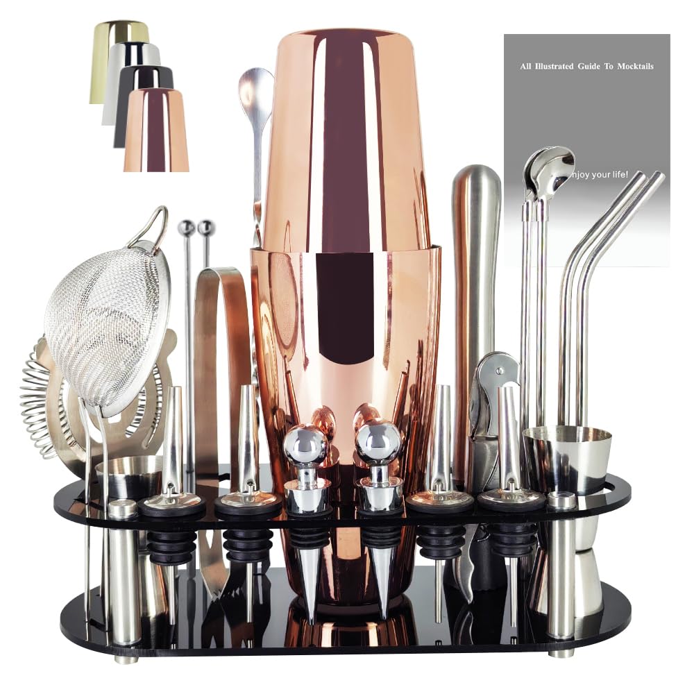 22-Piece Rose Gold Cocktail Shaker Set | Boston Bartender Kit with Stand | Home Bar Gift