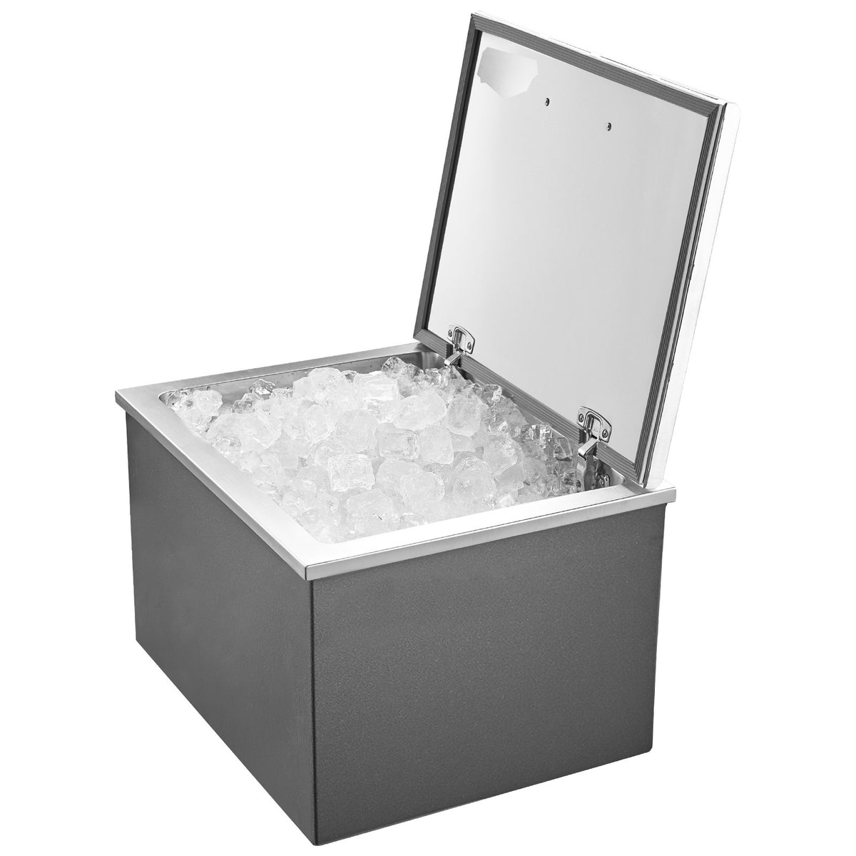 Stainless steel drop-in ice chest with lid open and filled with ice