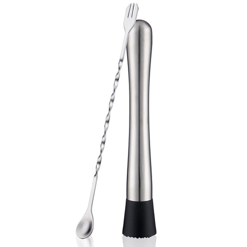 Gbuxska Muddler and Mixing Spoon for Cocktails 10 Inches Bar Mixing Spoon 8 Inches Muddler - Premium 2 Piece Silver Bar Tool Set for Drinks