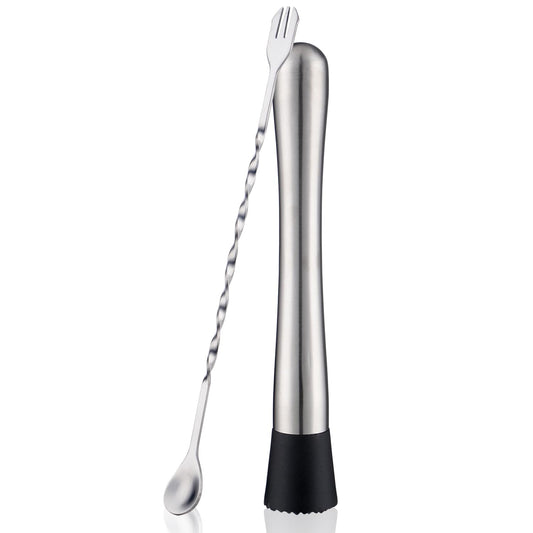 Gbuxska Muddler and Mixing Spoon for Cocktails 10 Inches Bar Mixing Spoon 8 Inches Muddler - Premium 2 Piece Silver Bar Tool Set for Drinks