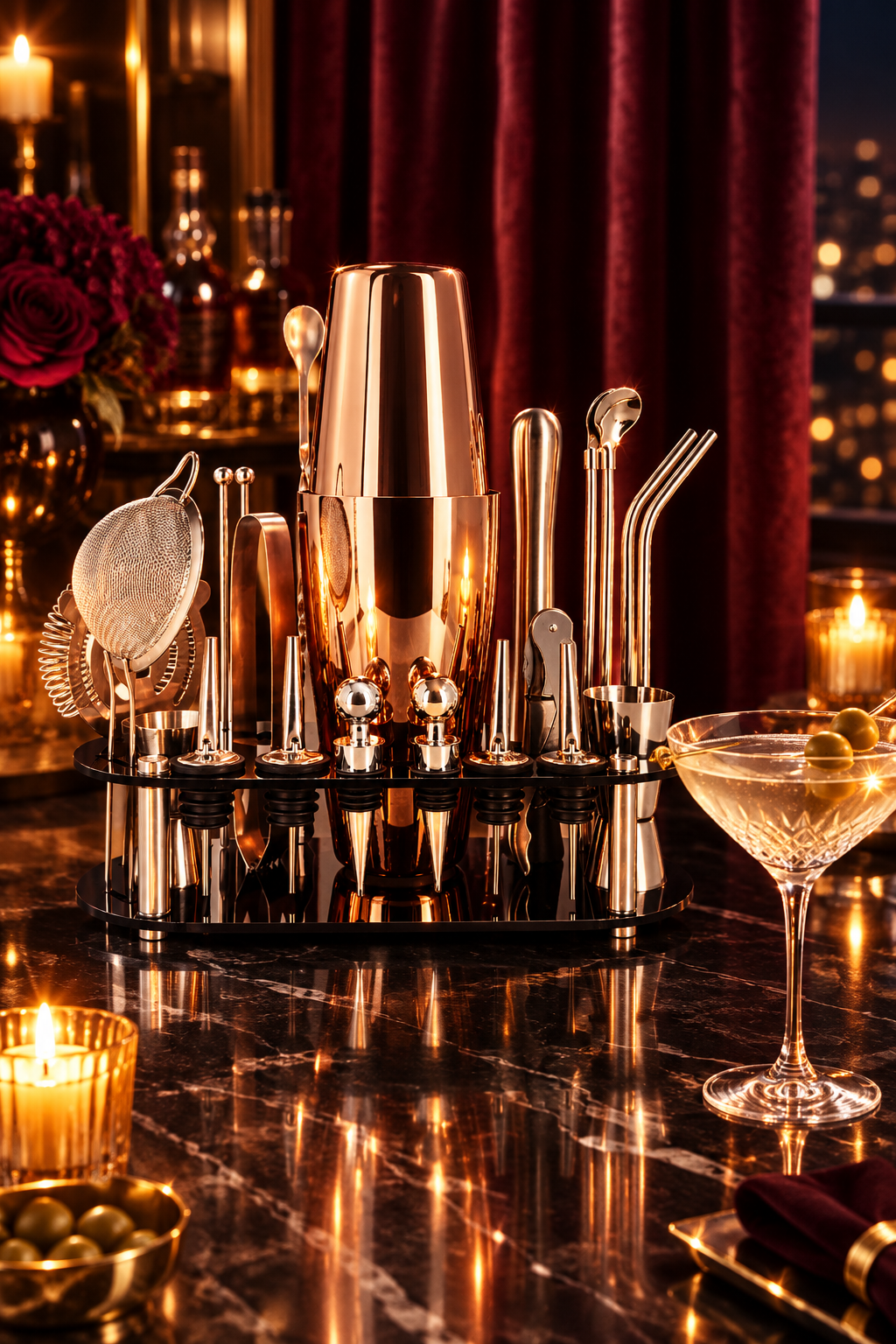 22-Piece Rose Gold Cocktail Shaker Set | Boston Bartender Kit with Stand | Home Bar Gift