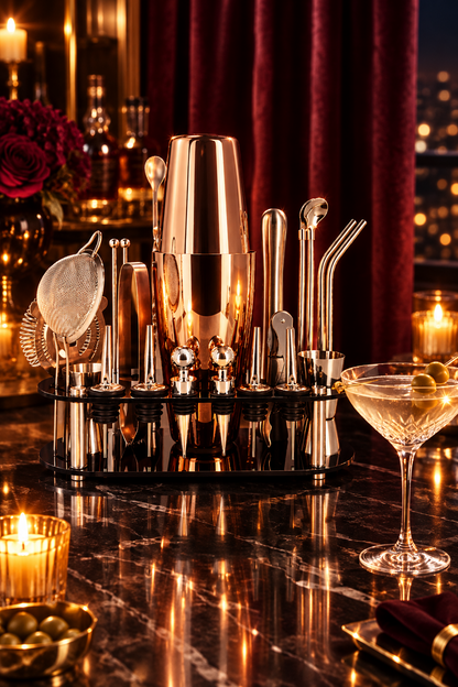 22-Piece Rose Gold Cocktail Shaker Set | Boston Bartender Kit with Stand | Home Bar Gift